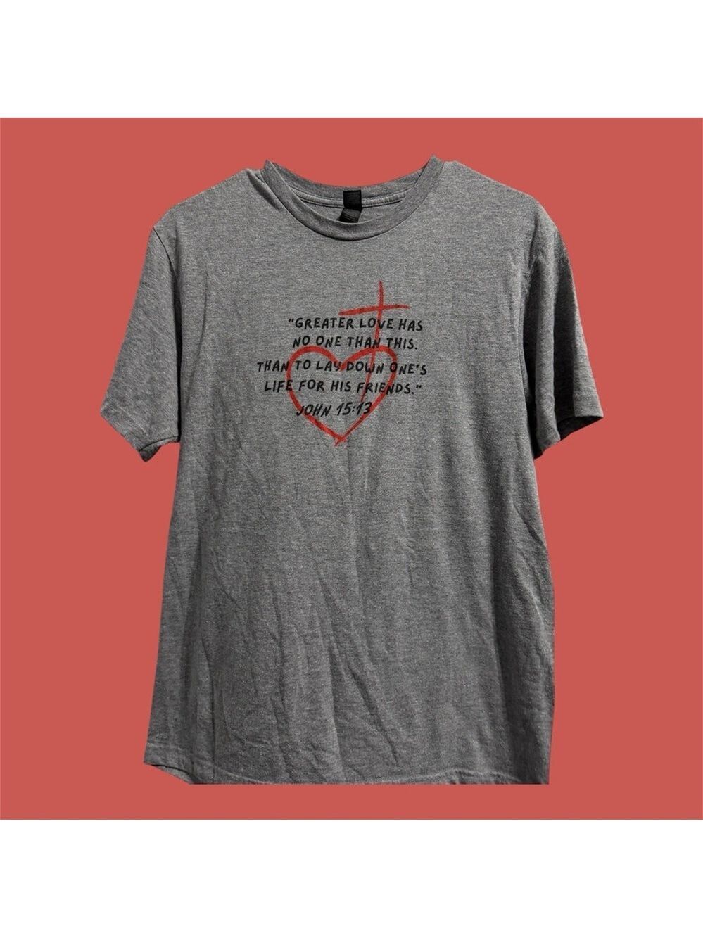 Gildan Heather Gray Short Sleeve Tee with Inspirational Quote Red Heart & Cross